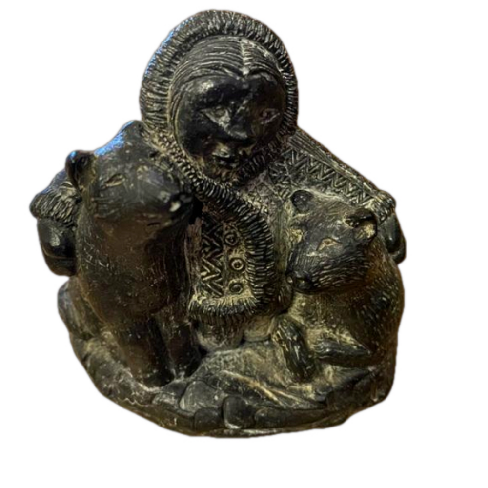 Vintage A Wolf Original Soapstone Sculpture Inuit Child & Sled Dogs